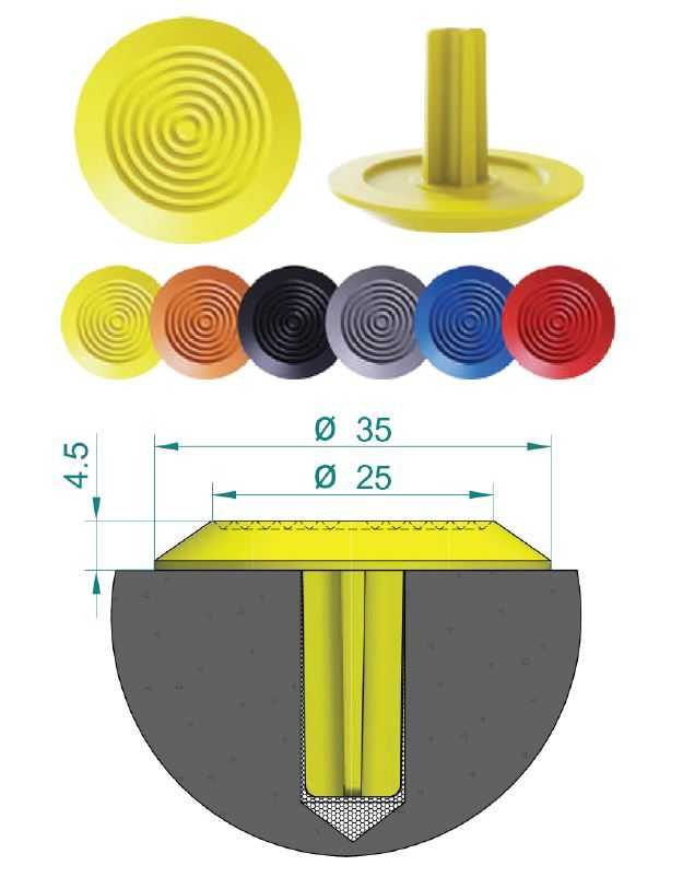 PU tactile stud with stem for drill-and-fix installation