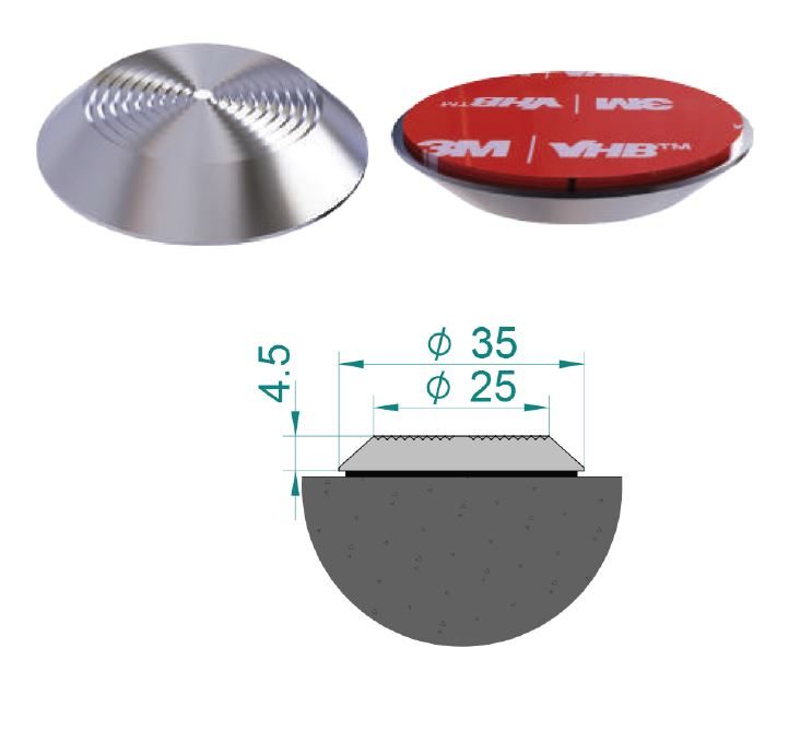 Self-adhesive stainless steel tactile stud with concentric ring pattern and 3M tape
